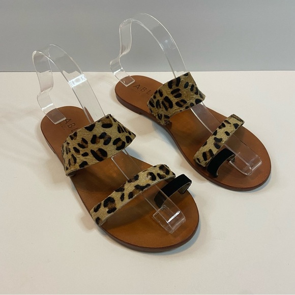 Able Margarete Leopard Print Fur Leather Sandals Flats Slides Slip on Cheetah - Picture 1 of 10